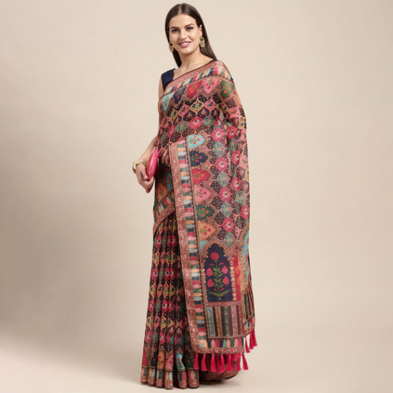 https://www.soulstylez.com/products/peach-coloured-multicoloured-kalamkari-sequinned-linen-blend-block-print-saree
